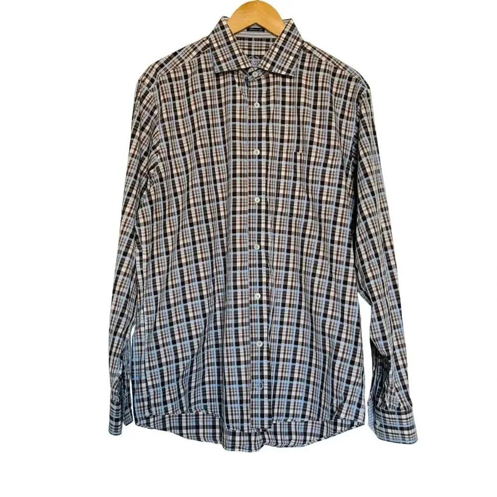 Bugatchi Men's Shirt Sz Large Blue/Brown Collared Long Sleeve Button Up